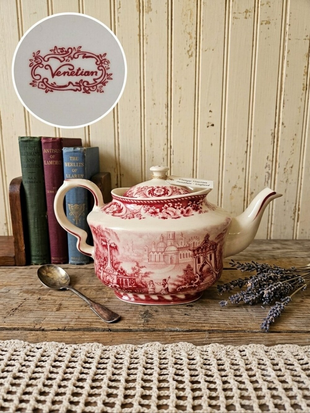 Vintage Venetian Pattern Red Transferware Teapot | Pink & Cream